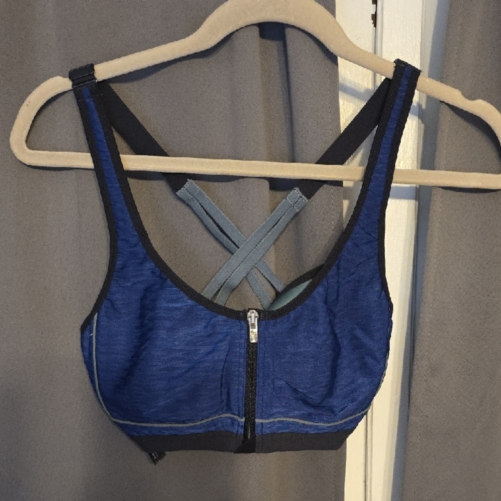 Victoria Sport Knockout Women's Blue Zip-Front Sports Bra Adjustable Sz 32DD EUC